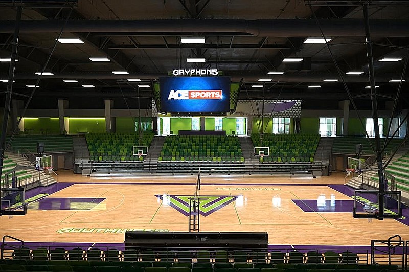 The new gym features a large scoreboard, two concession stands, and private boxes for rent, stands on display during a virtual grand opening for the new Little Rock Southwest Magnet High School on Tuesday, July 28, 2020. 
