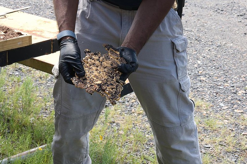 An FBI class attendee works with a footprint cast Saturday in Jacksonville. The agency has a database to determine what footwear is captured in the cast, the agent conducting the class said.
(Arkansas Democrat-Gazette/William Sanders)