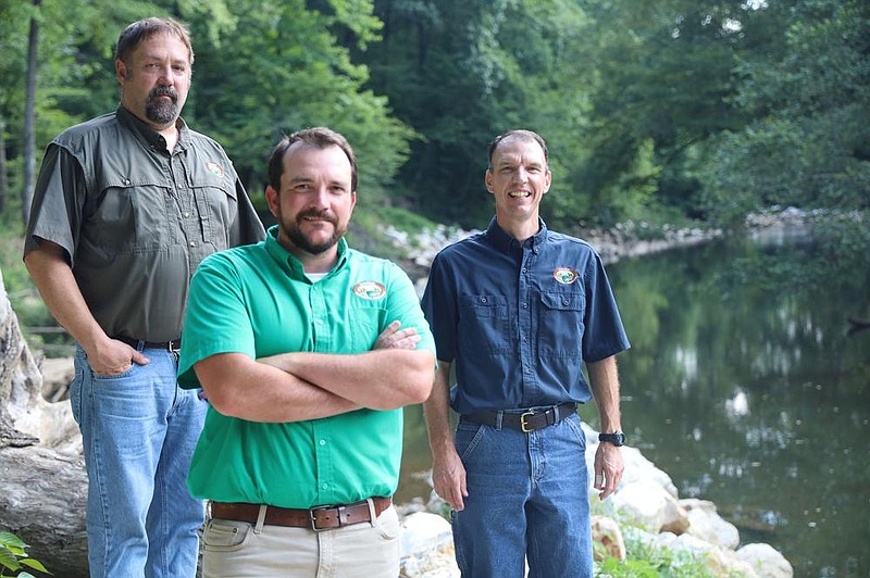 “Our role is to really encourage already engaged citizens who want to do more,” says Tate Wentz, Arkansas Game and Fish Commission Region III Stream Team coordinator (center), Stream Team Project Coordinator Tim Burnley (left) and Matthew Irvin, Region IV Stream Team coordinator. (Special to the Democrat-Gazette/Dwain Hebda) 