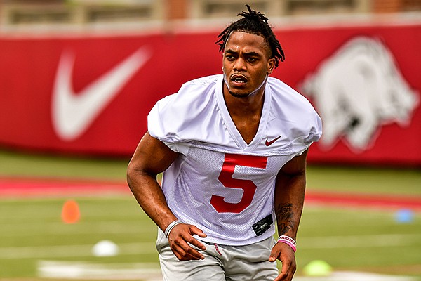 Arkansas running back Rakeem Boyd is shown during a July 2020 workout in Fayetteville. 