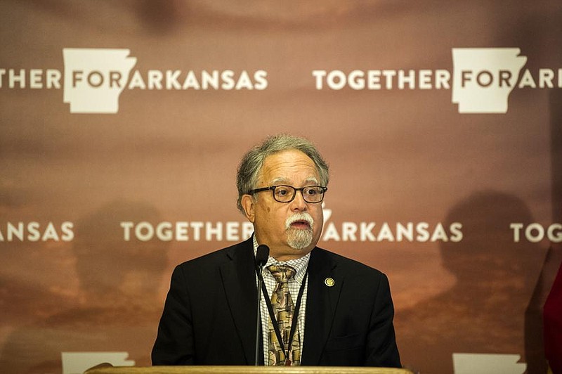 Dr. Jose Romero, Interim Secretary of the Department of Health, addresses the media during Governor Asa Hutchinson’s daily update on Arkansas’ response to COVID-19 on Tuesday, Aug. 4.(Arkansas Democrat-Gazette/Stephen Swofford)