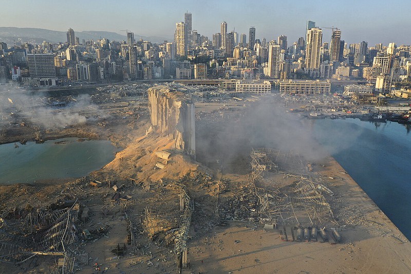 A drone picture shows the scene of an explosion at the seaport of Beirut, Lebanon, Wednesday, Aug. 5, 2020.