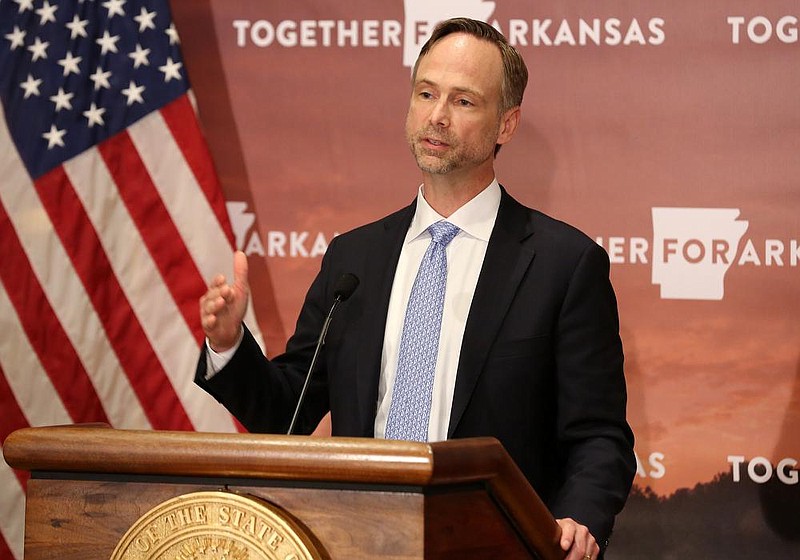 Arkansas Surgeon General Dr. Greg Bledsoe speaks during the daily covid-19 press briefing on Wednesday, Aug. 5, 2020, at the state Capitol in Little Rock.