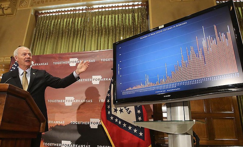 Gov. Asa Hutchinson explains a graph showing new covid-19 cases during the daily covid-19 press briefing on Wednesday, Aug. 5, 2020, at the state Capitol in Little Rock. 
(Arkansas Democrat-Gazette/Thomas Metthe)