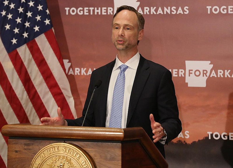 Arkansas Surgeon General Dr. Greg Bledsoe speaks during the daily covid-19 press briefing on Wednesday, Aug. 5, 2020, at the state Capitol in Little Rock. 
(Arkansas Democrat-Gazette/Thomas Metthe)