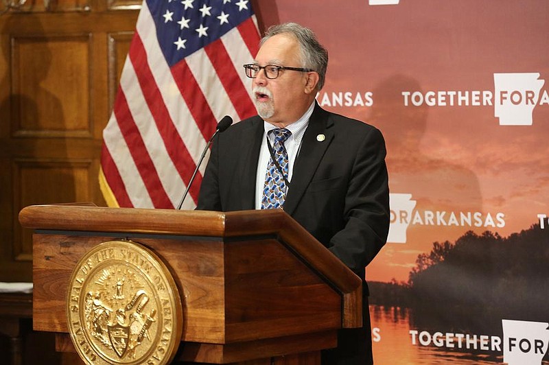 Secretary of Health Dr. Jose Romero talks about new covid-19 cases in the state during the daily coronavirus press briefing on Wednesday, Aug. 5, 2020, at the state Capitol in Little Rock. 
(Arkansas Democrat-Gazette/Thomas Metthe)