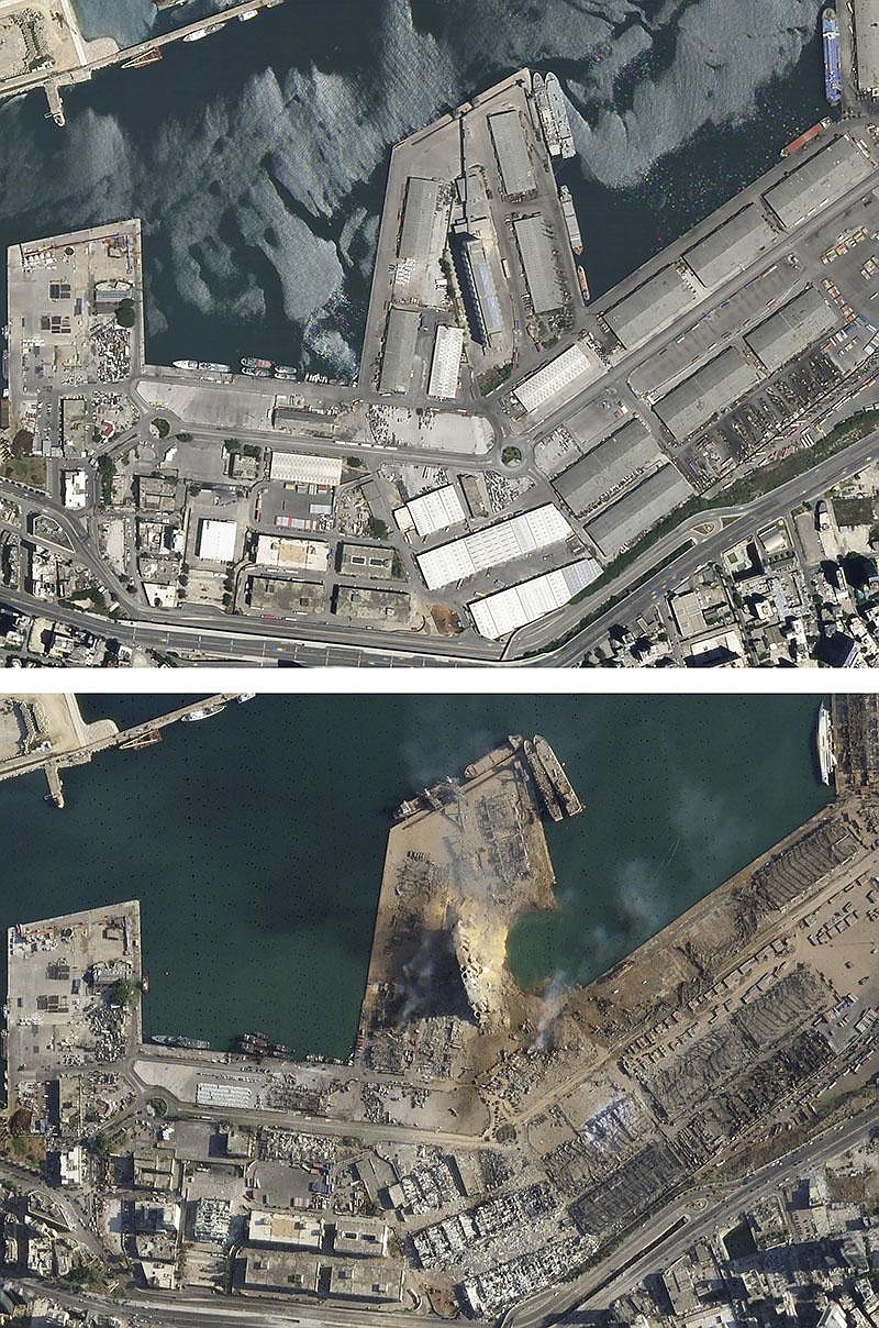 Satellite images show the port of Beirut and surrounding area on May 31 (top) and on Wednesday after tons of ammonium nitrate detonated, killing at least 135 people, injuring thousands and leaving a scene of utter devastation.
(AP/Planet Labs Inc.)