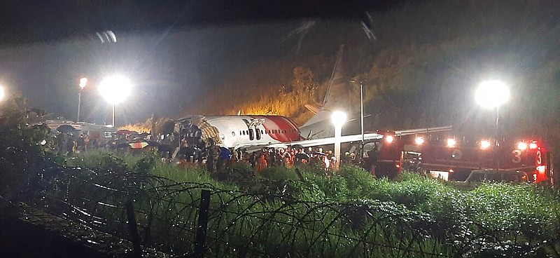 The Air India Express flight that skidded off a runway while landing at the airport in Kozhikode, Kerala state, India, Friday, Aug. 7, 2020. (AP Photo)

