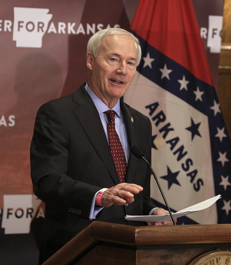 Gov. Asa Hutchinson speaks Friday Aug. 7 in Little Rock during his daily COVID-19 briefing. (Arkansas Democrat-Gazette/Staton Breidenthal)