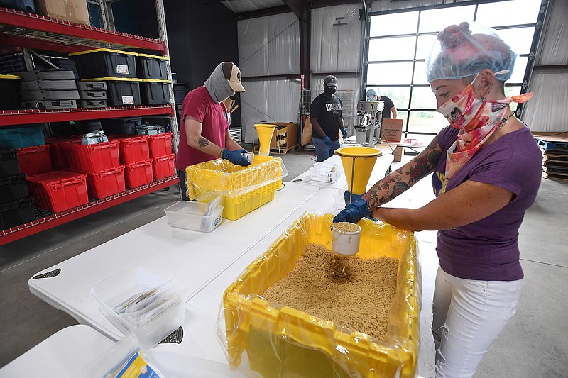 Jenna Melnicki (right) and Aaron Christian, both of Fayetteville, make meal packs Wednesday July 29, 2020 at The Pack Shack in Cave Springs. The Pack Shack partnered with Get Shift Done and the NWA Council to pay unemployed restaurant workers to pack meals for the Pack Shack food drives. Melnicki works at Bike Rack Brewing in Springdale and Christian is a former bartender. Visit nwaonline.com/200809Daily/ for photo galleries. (NWA Democrat-Gazette/J.T. Wampler)