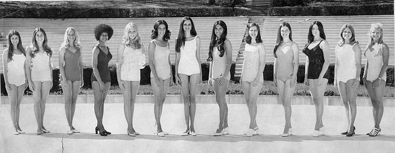 Miss University of Arkansas contestants pose in Fayetteville in April 1973. Pictured (from left) are Trudy English, Miss University of Arkansas 1973; Shelly Fischer; Jan Hudson; Carolyn Rhodes; Patty Culpepper; Kathy Blakely; Britt Crews; Patsy Bolin; Jan Pettigrew; Jan Wallace; Dawn Winter; Kathy Dye; and Susie Robinson. (Shiloh Museum of Ozark History / Springdale News Collection (S-98-31-992))

