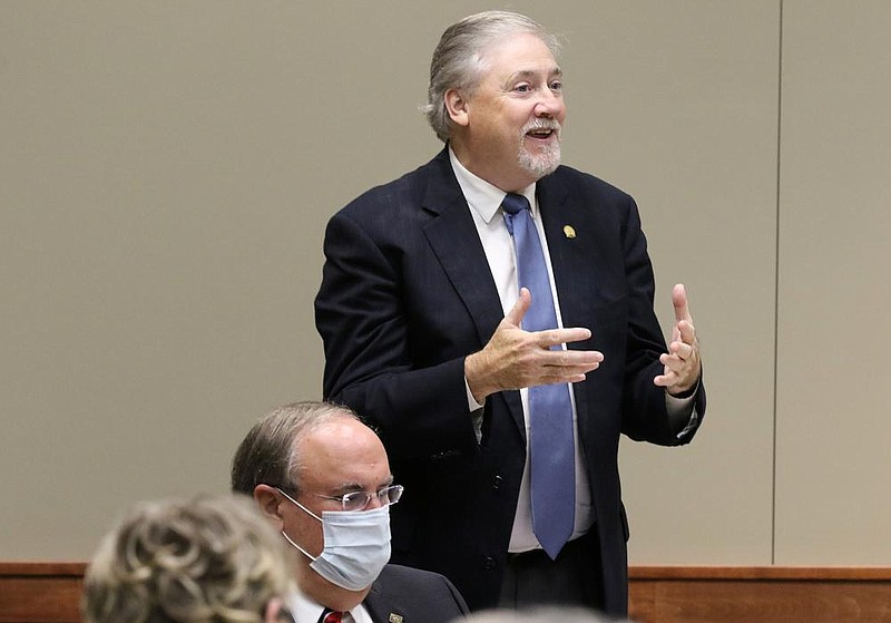 Rep. Mark Lowery, R-Maumelle, asks a question during the Education Caucus of the Arkansas General Assembly's meeting on Monday, Aug. 10, 2020, at the Association of Arkansas Counties building in Little Rock. 
(Arkansas Democrat-Gazette/Thomas Metthe)