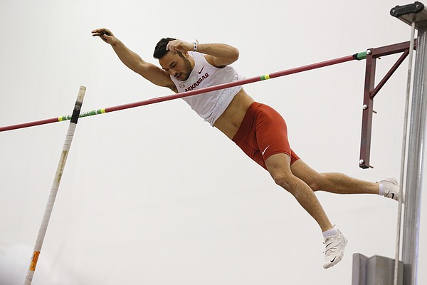 Etamar Bhastekar competes in the pole vault during the 2020 season. Bhastekar, originally from Israel, transferred from UTEP last season and competes in the pole vault and heptathlon. (Photo courtesy the University of Arkansas athletics department.)