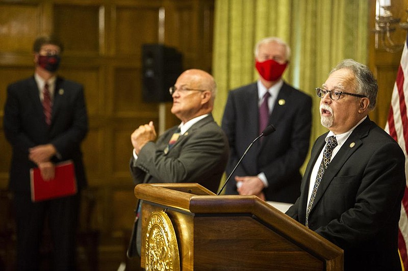 “If we have a day or two of this, we can definitely say there’s a downward trend,” state Health Secretary Jose Romero said Tues- day after the latest virus numbers were released. (Arkansas Democrat-Gazette/Stephen Swofford) 