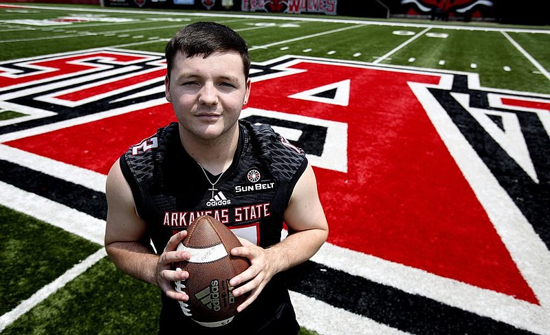 Arkansas Democrat-Gazette/THOMAS METTHE -- 8/1/2019 --
Arkansas State quarterback Logan Bonner (12) during the ASU media day on Thursday, Aug. 1, 2019, at the ASU football complex in Jonesboro. 