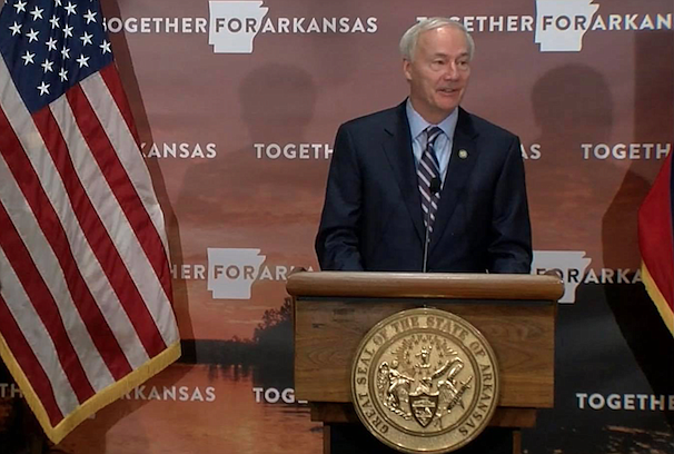 Arkansas Gov. Asa Hutchinson speaks to reporters at the state Capitol in Little Rock on Thursday in this still of video provided by the governor's office. 
