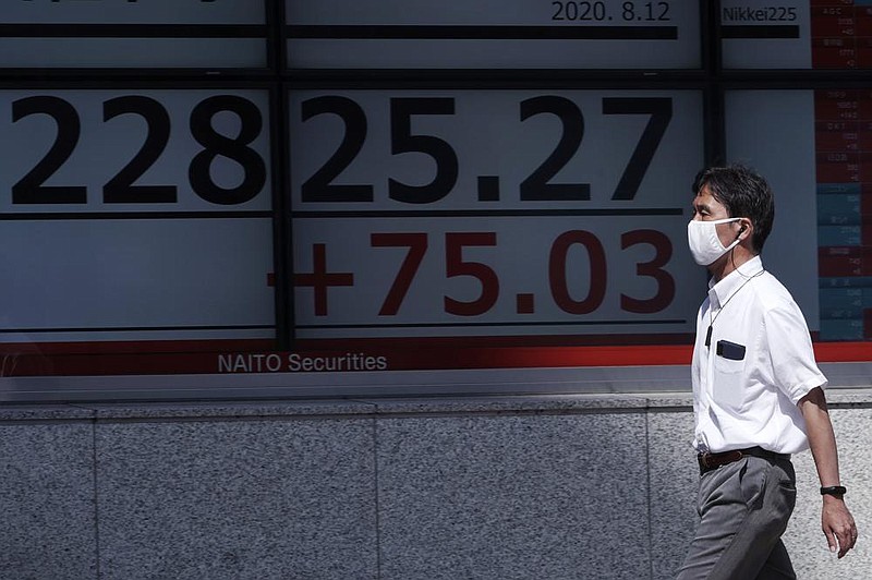 A man passes an electronic stock board outside a securities firm in Tokyo showing Japan’s Nikkei 225 index Wednesday. Shares were mostly lower in Asia on Wednesday.
(AP/Eugene Hoshiko)