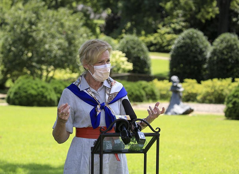 Dr. Deborah Birx answers questions for the media Monday Aug. 17, 2020 in Little Rock following a round table discussion with local leaders at the Governor's Mansion. (Arkansas Democrat-Gazette/Staton Breidenthal)