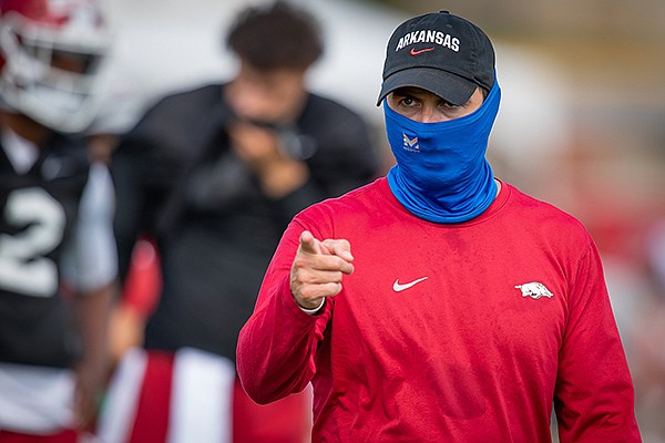 Arkansas offensive coordinator Kendal Briles is shown during practice Monday, Aug. 17, 2020, in Fayetteville. 