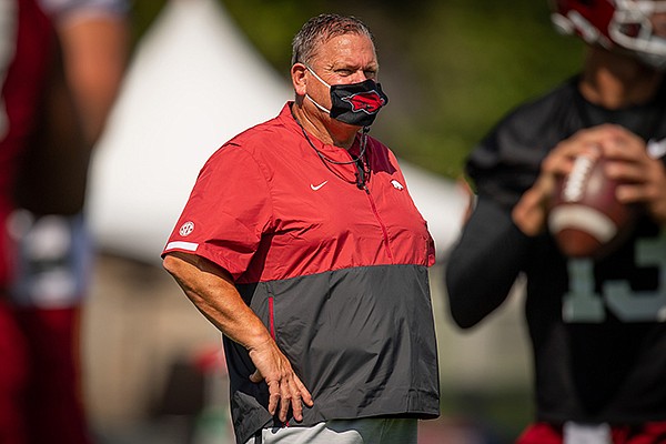 Arkansas football coach Sam Pittman is shown during practice Monday, Aug. 17, 2020, in Fayetteville. 