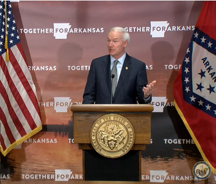 Gov. Asa Hutchinson speaks during a coronavirus briefing Monday, Aug. 17, 2020.