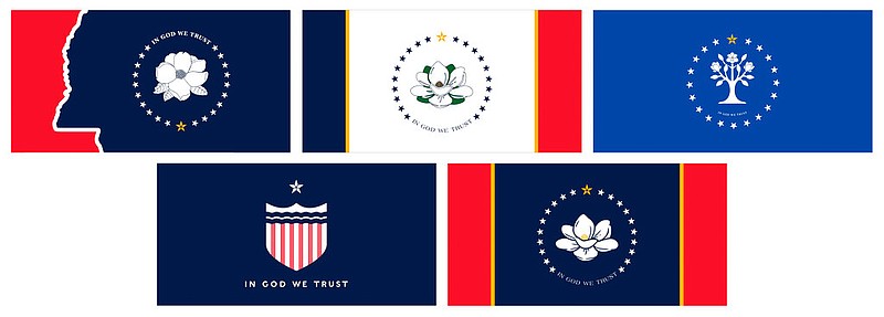 This combination of images provided by the Mississippi Department of Archives and History on Tuesday, Aug. 18, 2020, shows the five proposed designs chosen by the Mississippi State Flag Commission to replace the recently retired flag that included the Confederate battle emblem. The proposals will be made into flags and be flown Aug. 25 in Jackson, Miss. Voters will decide on a new flag in the Nov. 3 election.