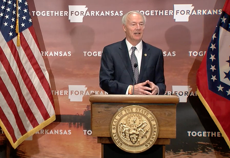 Arkansas Gov. Asa Hutchinson speaks to reporters at the state Capitol in Little Rock in this still of video provided by the governor's office. 
