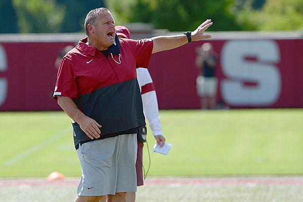 Arkansas football coach Sam Pittman is shown at practice Wednesday, Aug. 19, 2020, in Fayetteville.