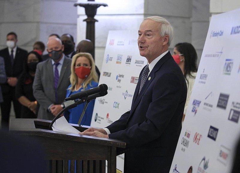 FILE — Gov. Asa Hutchinson speaks in Little Rock at the Capitol during a press conference to reveal a draft of a proposed hate-crime law in this Aug. 19, 2020 file photo . (Arkansas Democrat-Gazette/Staton Breidenthal)