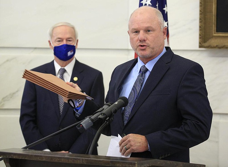 In this file photo state Sen. Jim Hendren speaks Aug. 19, 2020, in Little Rock at the Capitol during a press conference to reveal a draft of a proposed hate-crime law.