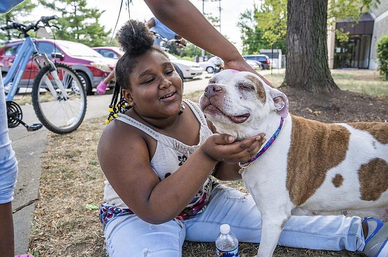 Darnell Mar Shea Price, 8, pets Precious during a visit Tuesday with her great-grandmother in the Homewood neighborhood of Pittsburgh. (AP/Pittsburgh Post-Gazette/Andrew Rush) 