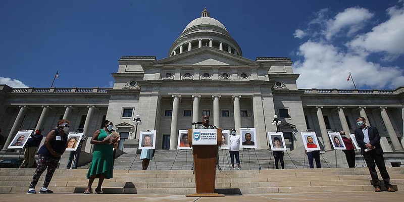 Rep. Vivian Flowers, president of the Women of Color Vote PAC, speaks on the steps of the state Capitol on Thursday, Aug. 20, 2020, in Little Rock. 
(Arkansas Democrat-Gazette/Thomas Metthe)