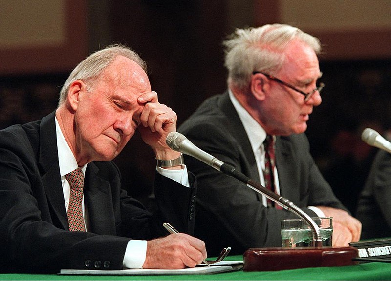 Brent Scowcroft (left) takes notes as former Defense Secretary James Schlesinger testifies on Capitol Hill before the Senate Armed Services Committee hearing on the Bosnian peace agreement on Nov. 28, 1995. The former deputy national security adviser died Aug. 6.
(AP file photo/Doug Mills)
