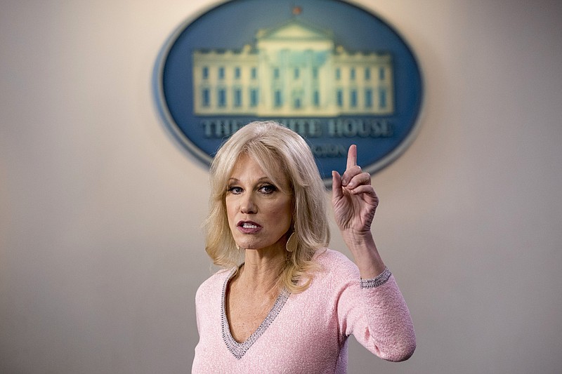 FILE - In this Dec. 5, 2019, file photo, Kellyanne Conway speaks in the Briefing Room at the White House in Washington. Conway, one of President Donald Trump’s most influential and longest serving advisers, announced Sunday, Aug. 23, 2020, that she would be leaving the White House at the end of the month.Conway, who was Trump’s campaign manager during the stretch run of the 2016 race, was the first woman to successfully steer a White House bid before becoming a senior counselor to the president. She informed Trump of her decision in the Oval Office.

