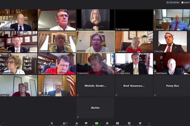 An Associated Press computer screen capture shows the Kansas State Board of Education meeting by Zoom with staff members and other state officials watching, Wednesday, July 22, 2020, in Topeka, Kan.