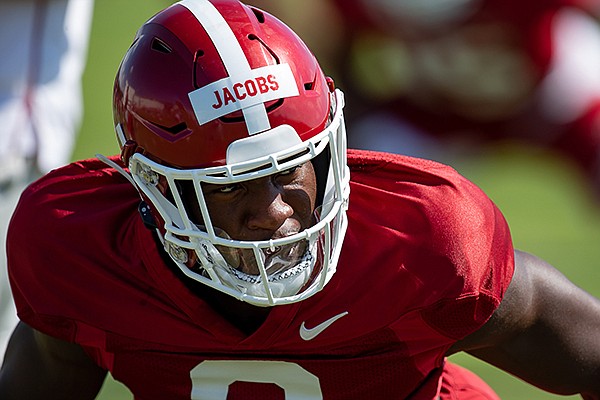 Arkansas defensive back Jerry Jacobs is shown during practice Friday, Aug. 21, 2020, in Fayetteville. 