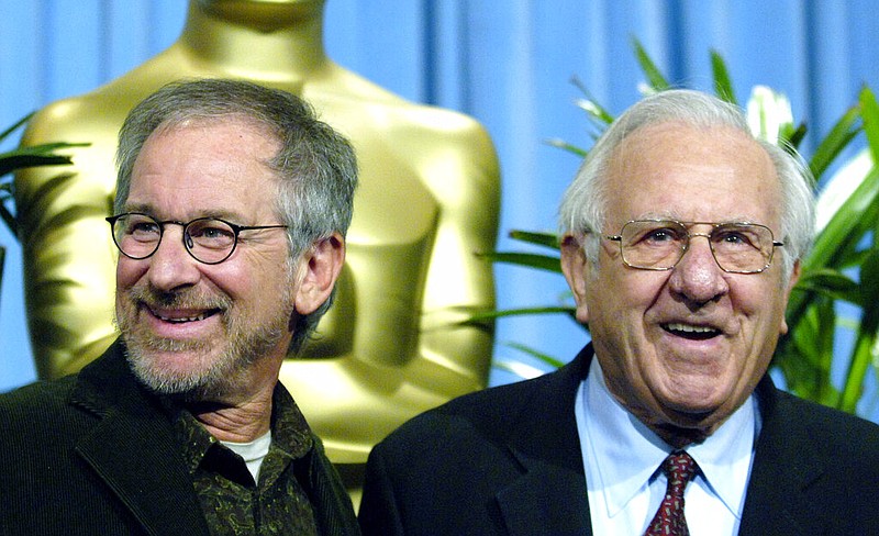 Steven Spielberg (left) arrives with his father, Arnold, for a luncheon in Beverly Hills, Calif., in this Feb. 13, 2006, file photo. Arnold Spielberg, a pioneering computer engineer, has died. A family statement says he died Tuesday, Aug. 25, 2020, in Los Angeles at 103.
