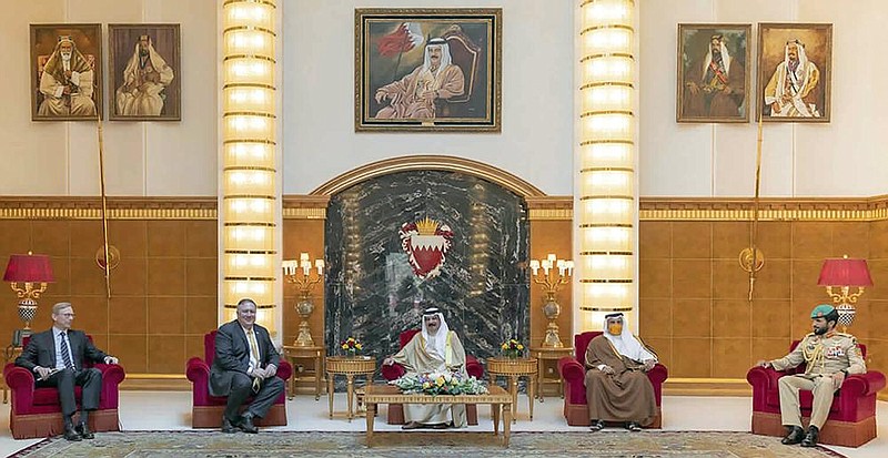 U.S. envoy Brian Hook (from left) and Secretary of State Mike Pompeo meet with Bahraini King Hamad bin Isa Al Khalifa, Crown Prince Salman bin Hamad Al Khalifa and adviser Nasser bin Hamad Al Khalifa on Wednesday in Manama, Bahrain.
(AP/Bahrain News Agency)