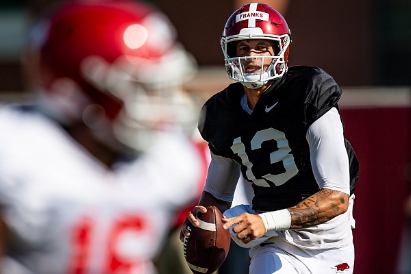 Arkansas quarterback Feleipe Franks is shown during the Razorbacks' first scrimmage of the preseason on Aug. 28, 2020.