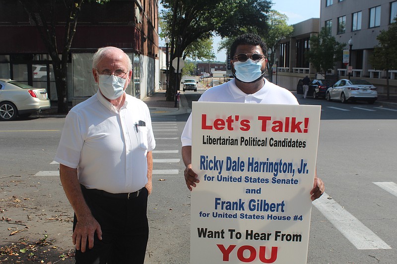 Libertarian candidates Frank Gilbert, left, running to represent Arkansas’ 4th Congressional District in the United States House of Representatives, and Ricky Dale Harrington, Jr., running to represent Arkansas in the U.S. Senate, visited El Dorado Saturday for a ‘Let’s Talk’ event. (Matt Hutcheson/News-Times)