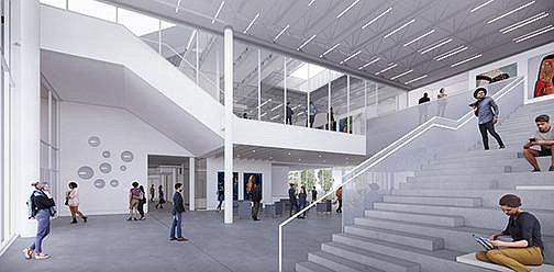 This rendering shows the interior of a building that will be the largest piece of the Windgate Art and Design District, a cluster of University of Arkansas buildings a few blocks from the main Fayetteville campus. More photos at arkansasonline.com/830ua/. (Special to the Democrat-Gazette) 