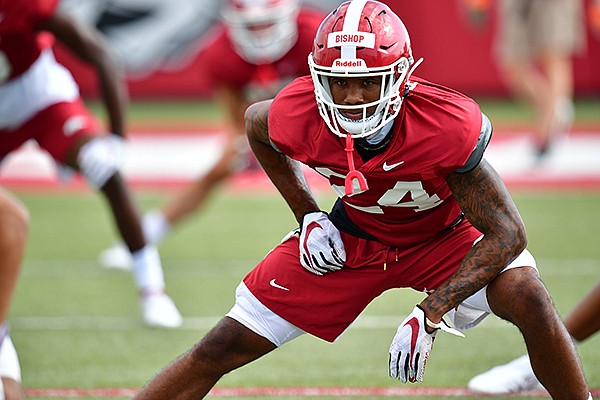 Arkansas defensive back LaDarrius Bishop is shown during practice Monday, Aug. 31, 2020, in Fayetteville. 