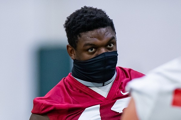 Arkansas defensive lineman Jonathan Marshall is shown during a preseason practice on Aug. 17, 2020.