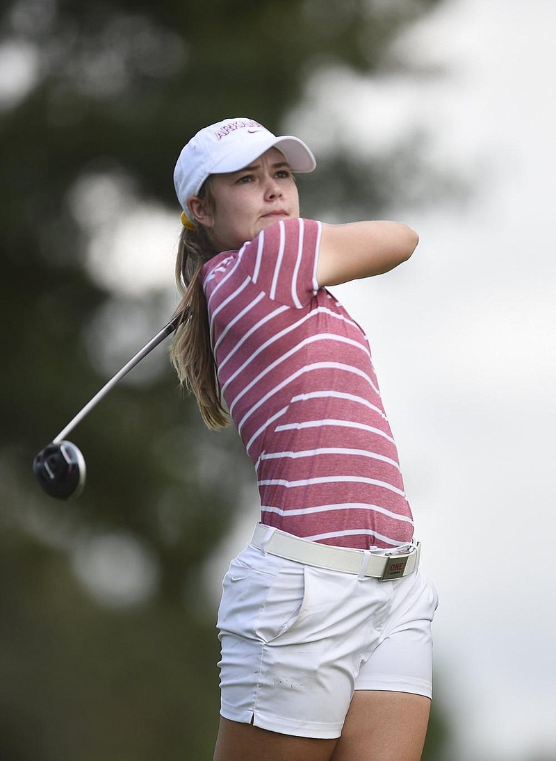 Former Rogers standout and current Arkansas Razorback Brooke Matthews, who shot a 7 under for the tournament to finish tied for 49th, used her knowledge of Pinnacle Country Club to her advantage. 
(NWA Democrat-Gazette/Charlie Kaijo) 