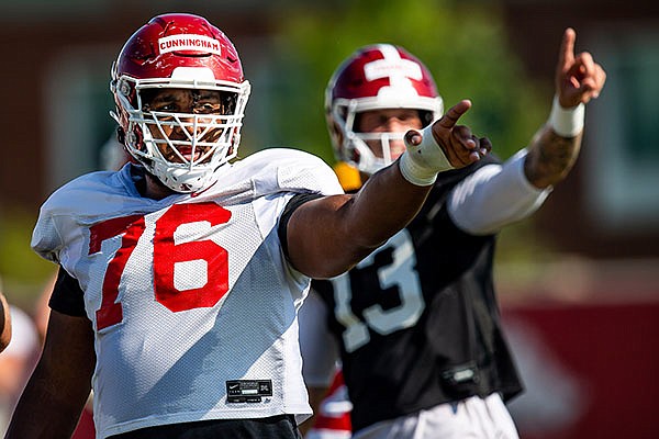 Arkansas offensive tackle Myron Cunningham (76) is shown during practice Friday, Aug. 28, 2020, in Fayetteville.