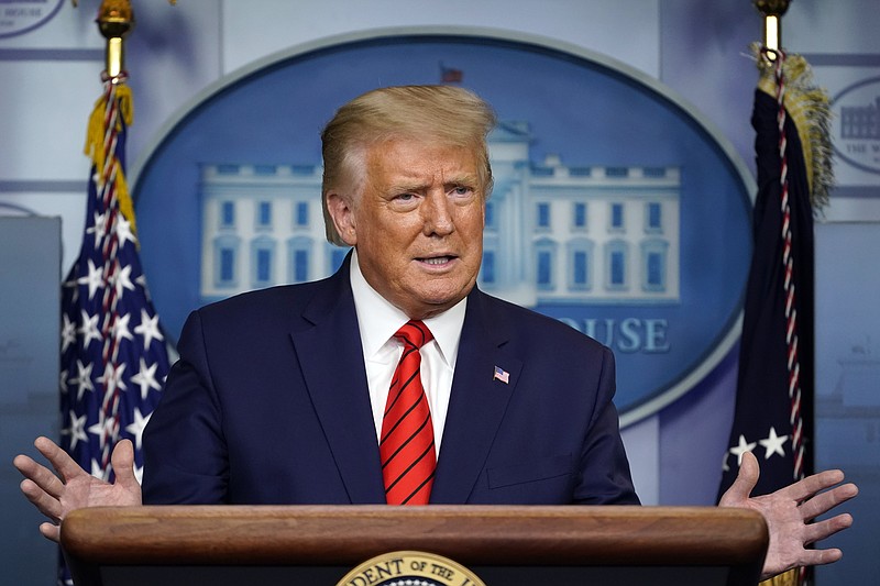 President Donald Trump speaks at a news conference in the James Brady Press Briefing Room at the White House, Monday, Aug. 31, 2020, in Washington. (AP Photo/Andrew Harnik)