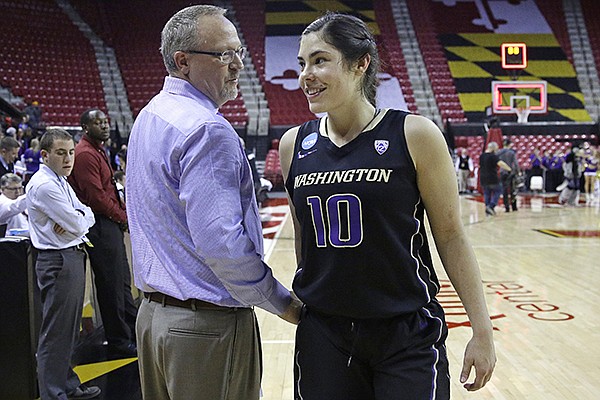 Washington head coach Mike Neighbors, left, chats with guard Kelsey Plum as she walks off the court after an NCAA college basketball game against Maryland in the second round of the NCAA tournament, Monday, March 21, 2016, in College Park, Md. (AP Photo/Patrick Semansky)
