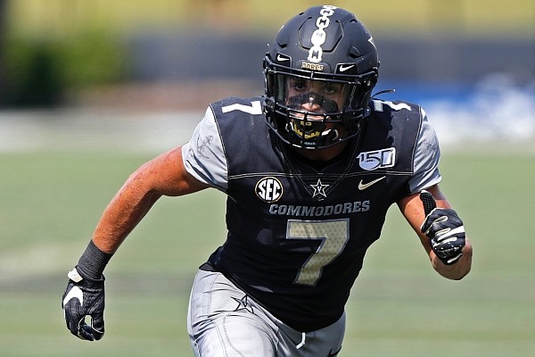 Vanderbilt linebacker Dimitri Moore (7) plays against Northern Illinois, Saturday, Sept. 28, 2019, in Nashville, Tenn. (AP Photo/Wade Payne)