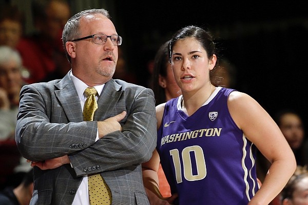 Washington coach Mike Neighbors, left, talks to guard Kelsey Plum during the first half of the team's NCAA college basketball game against Stanford on Friday, Jan. 29, 2016, in Stanford, Calif. (AP Photo/Marcio Jose Sanchez)