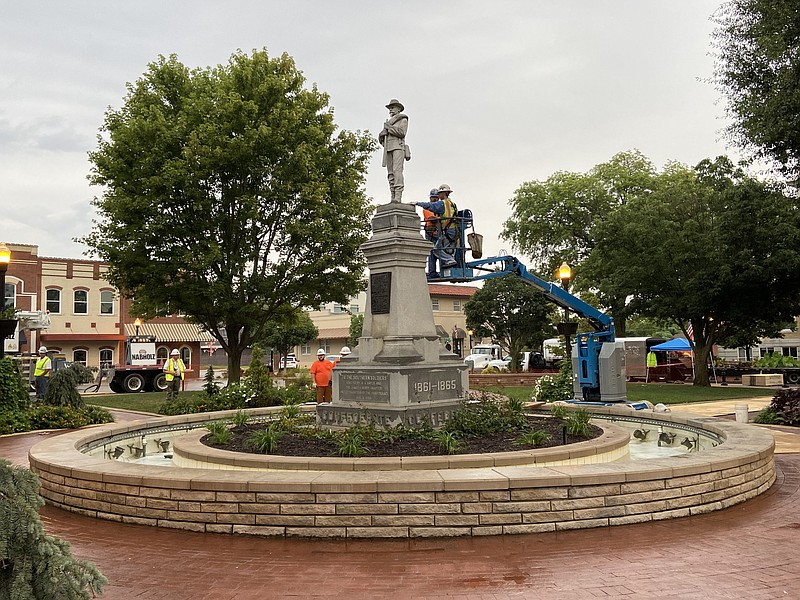 People are gathering Wednesday, Sept. 2, 2020, on the Bentonville Square as a crew prepares to remove the Confederate Monument. (Spencer Tirey/NWA Democrat-Gazette)